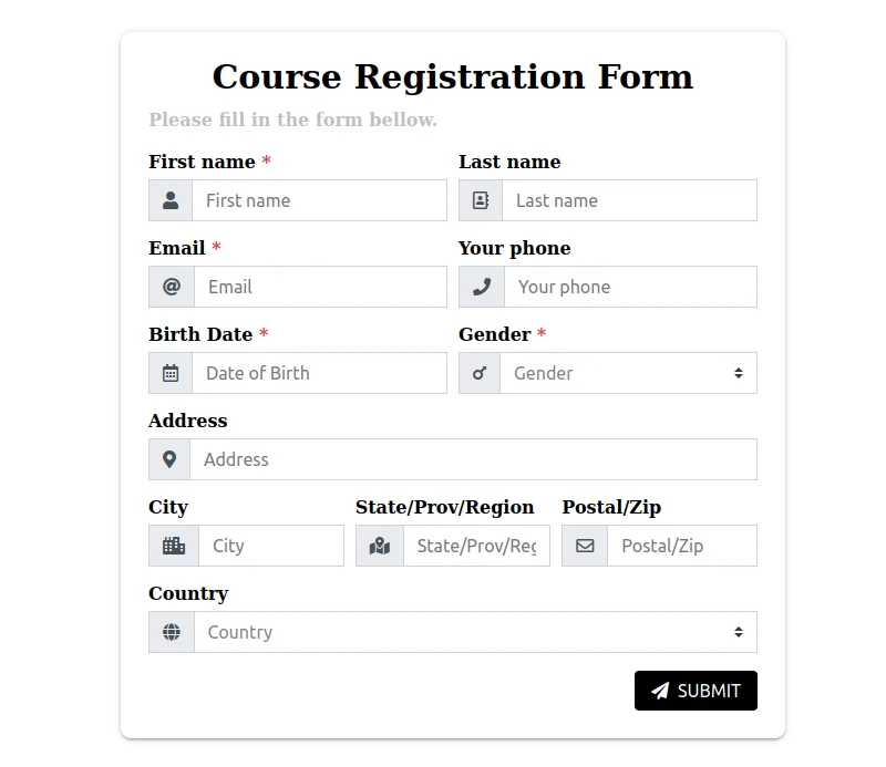 Course sign-up form