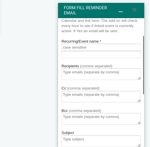 User interface of Form Fill Reminder Email add-on
