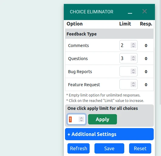 UI of Choice Eliminator for Google Forms add-on