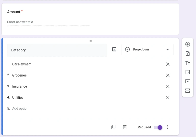 Add questions for expense tracking to a Google Form