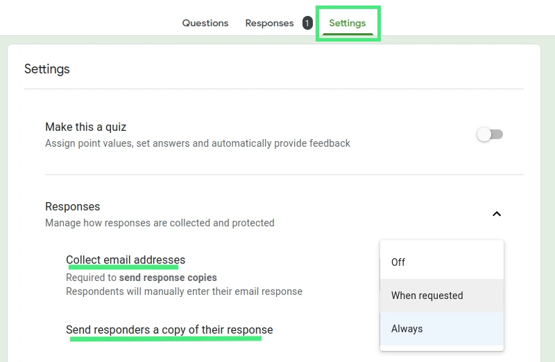 How to send responsders a copy with Google Forms