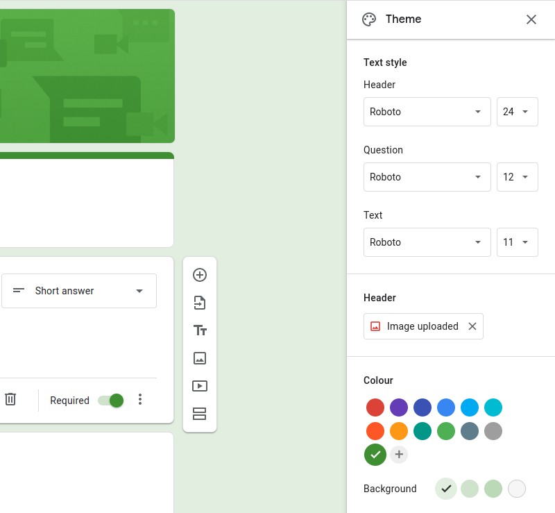 Google form design customization panel