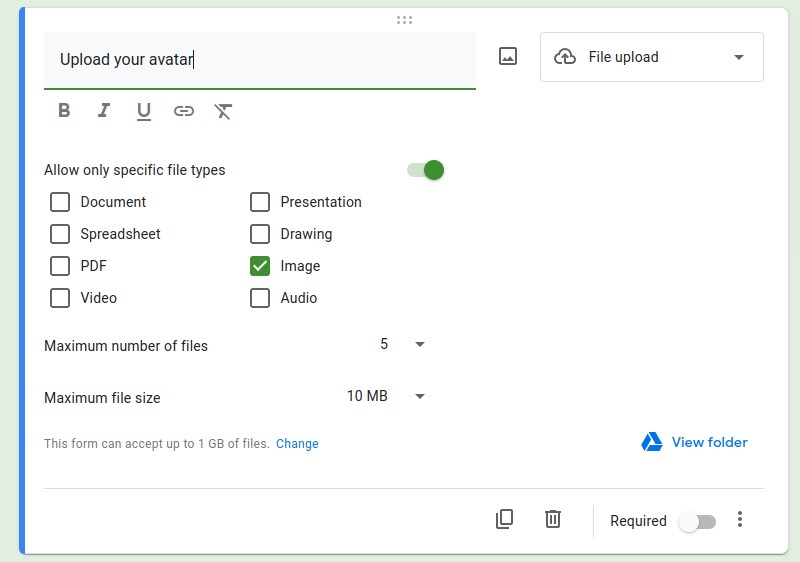 Settings of Google Form's file upload question