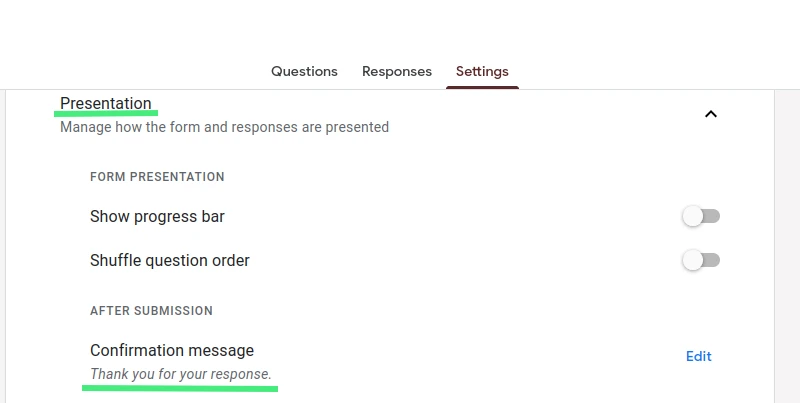 Google Forms Presentation tab