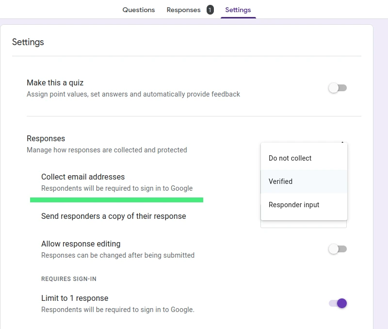 Google Forms collect email addresses setting