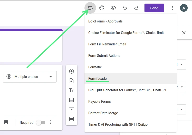 Open Form Facade add-on in Google Forms UI