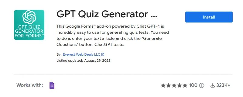 GPT Quiz Generator add-on on Google Workspace Marketplace