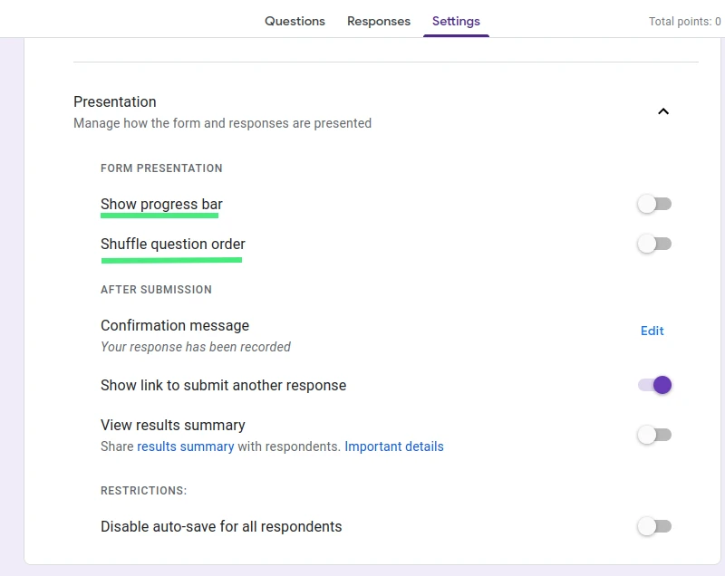 Presentation section in Google Form settings