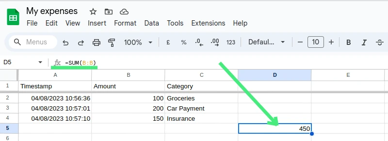 Calculate total expense in Google Sheet