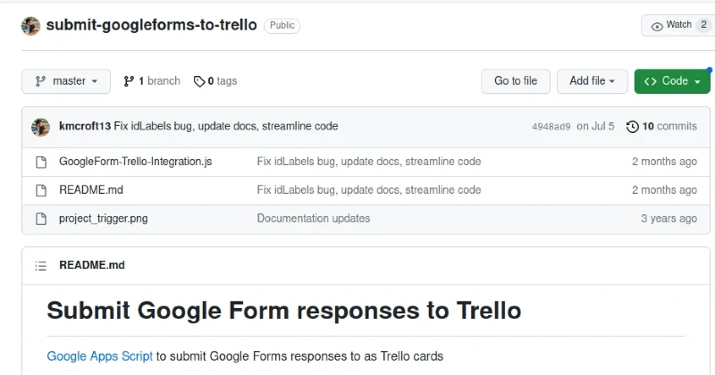 Github repository allowing to connect Trello and Google Forms