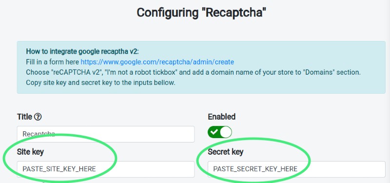 Paste site key and secret key