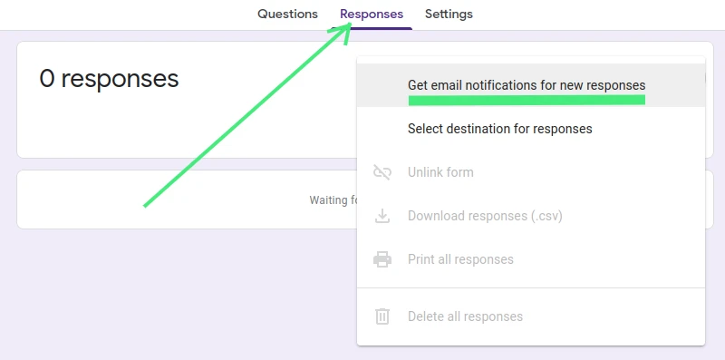 Get email notification settings on the Responses tab