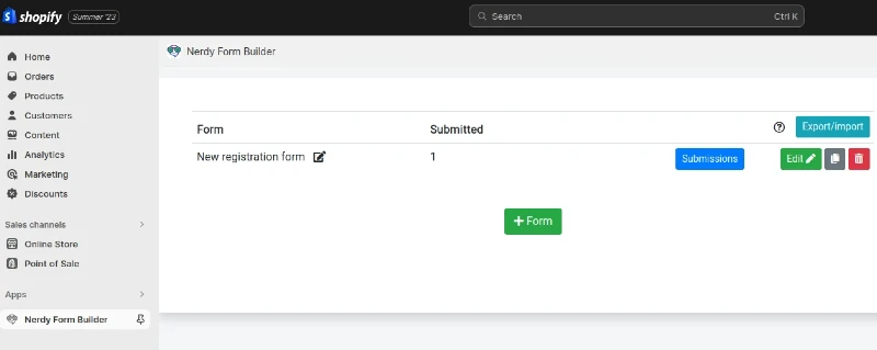 Nerdy Form application embedded in Shopify admin dashboard